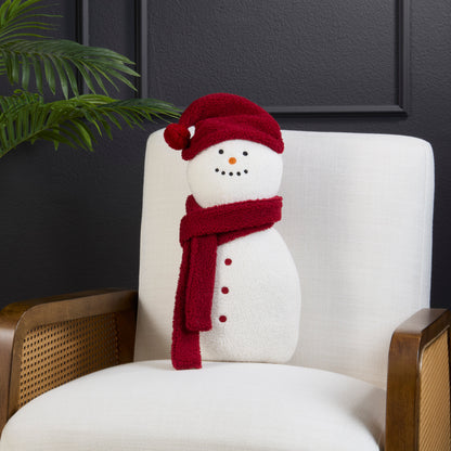 Snowman Shaped Sherpa Throw Pillow with Scarf and Winter Hat