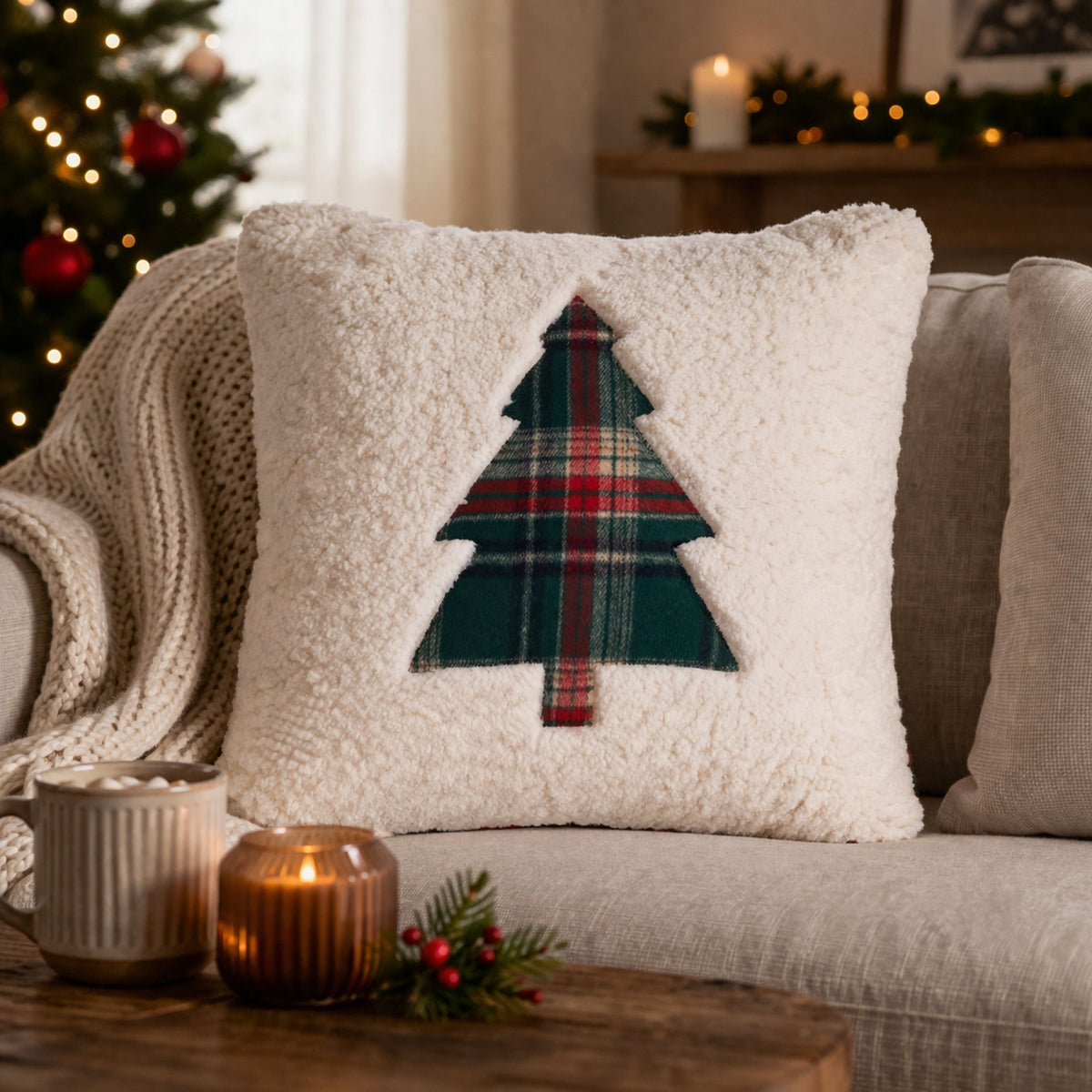 Plaid Cozy Sherpa Christmas Tree Throw Pillow