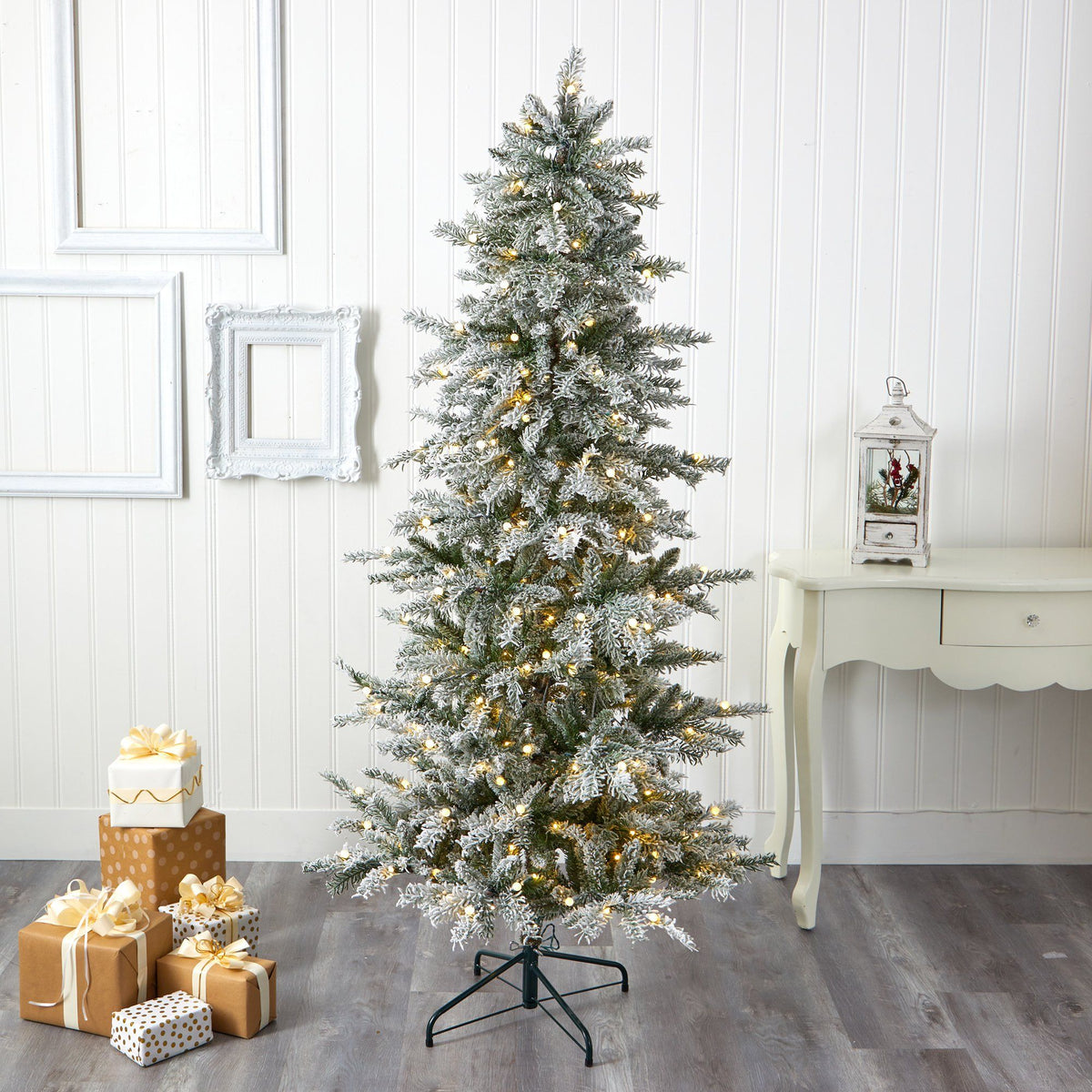 6.5' Slim Flocked Nova Scotia Spruce Artificial Christmas Tree with 300 Warm White LED Lights and 699 Bendable Branches
