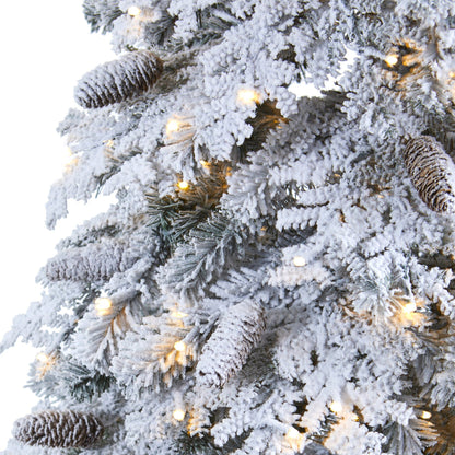7' Flocked Montana Down Swept Spruce Artificial Christmas Tree with Pinecones and 400 LED Lights
