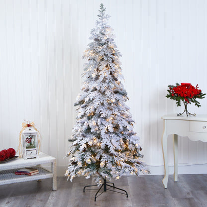 7' Flocked Montana Down Swept Spruce Artificial Christmas Tree with Pinecones and 400 LED Lights