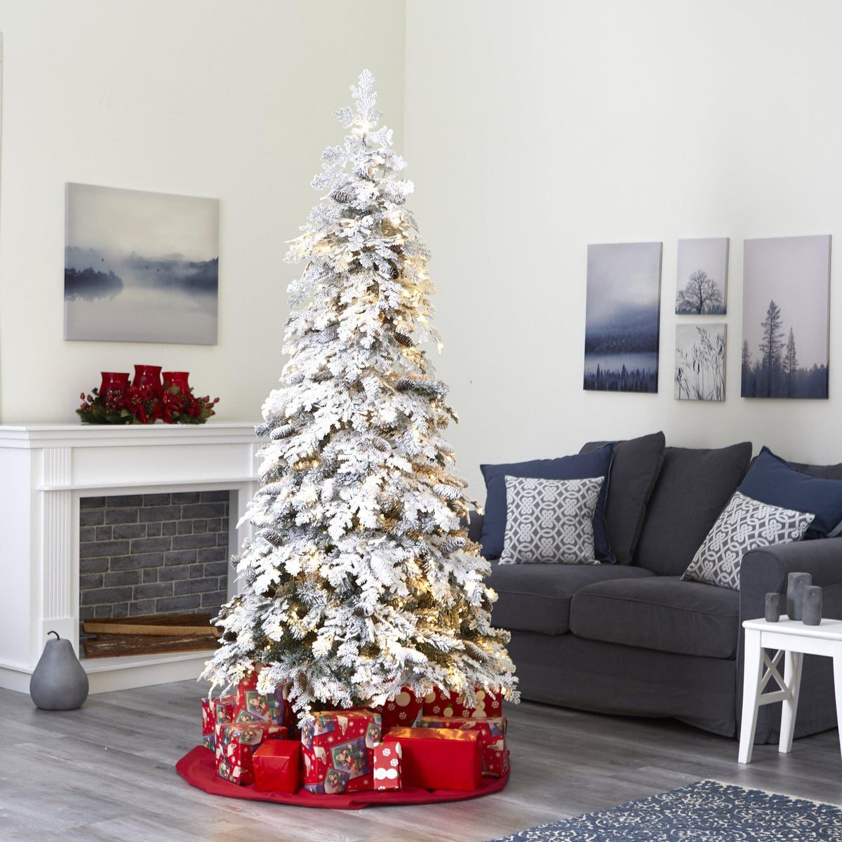 7' Flocked Montana Down Swept Spruce Artificial Christmas Tree with Pinecones and 400 LED Lights