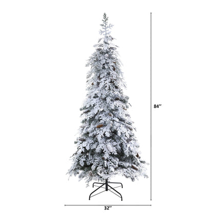 7' Flocked Montana Down Swept Spruce Artificial Christmas Tree with Pinecones and 400 LED Lights