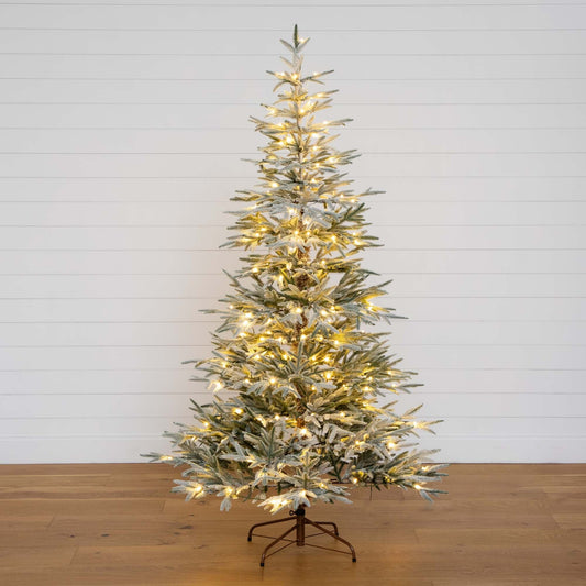 7' Pre-Lit Artificial Flocked Woodland Fir Christmas Tree with 200 Warm White LED Lights