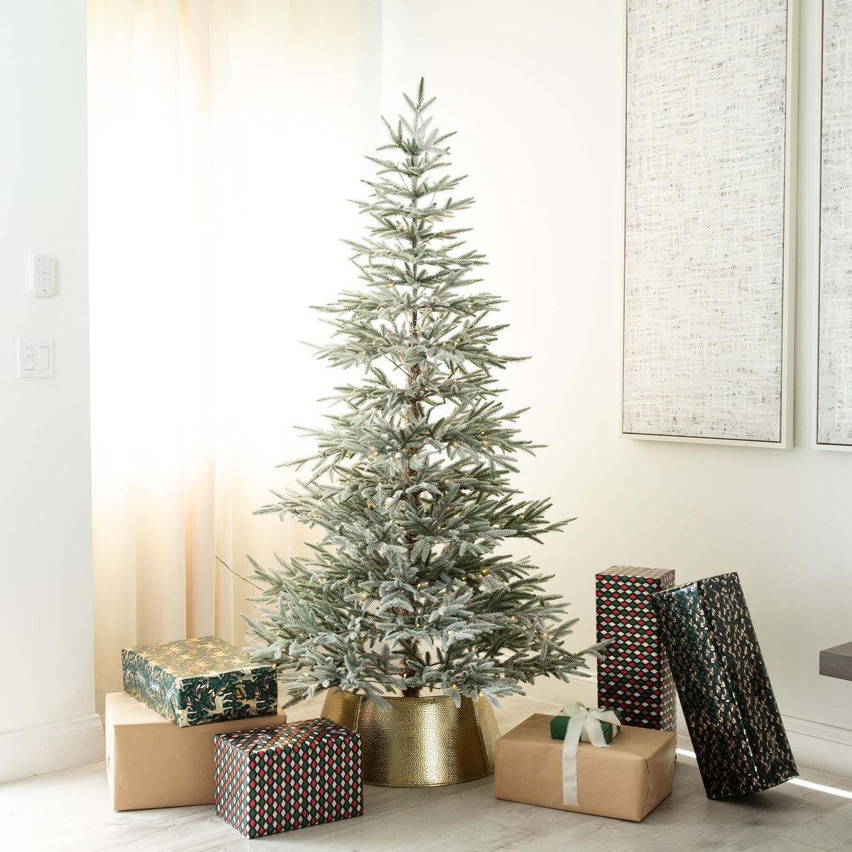 7' Pre-Lit Artificial Flocked Woodland Fir Christmas Tree with 200 Warm White LED Lights
