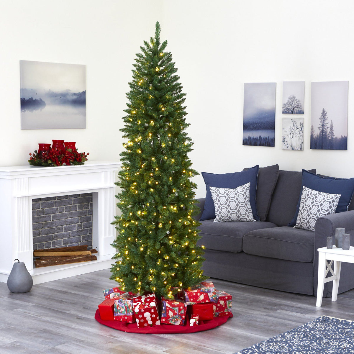 7' Slim Green Mountain Pine Artificial Christmas Tree with 300 Clear LED Lights