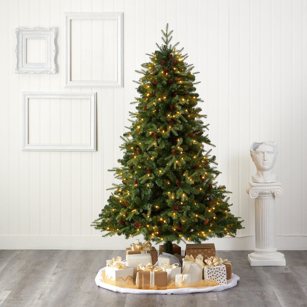 7' Wellington Spruce “Natural Look” Artificial Christmas Tree with 400 Clear LED Lights and Pine Cones