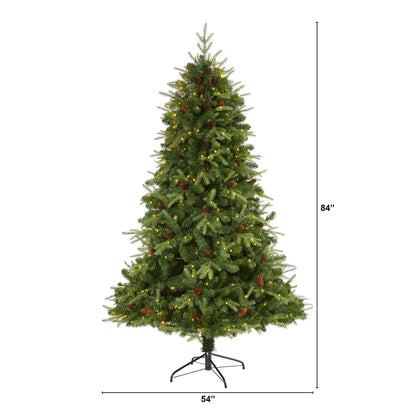7' Wellington Spruce “Natural Look” Artificial Christmas Tree with 400 Clear LED Lights and Pine Cones