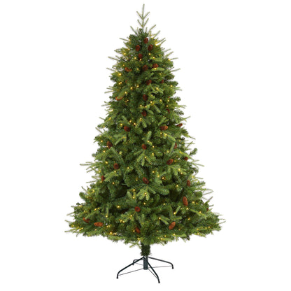 7' Wellington Spruce “Natural Look” Artificial Christmas Tree with 400 Clear LED Lights and Pine Cones