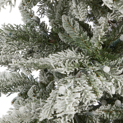 7.5' Slim Flocked Nova Scotia Spruce Artificial Christmas Tree with 450 Warm White LED Lights and 909 Bendable Branches