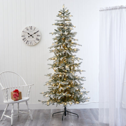 7.5' Slim Flocked Nova Scotia Spruce Artificial Christmas Tree with 450 Warm White LED Lights and 909 Bendable Branches