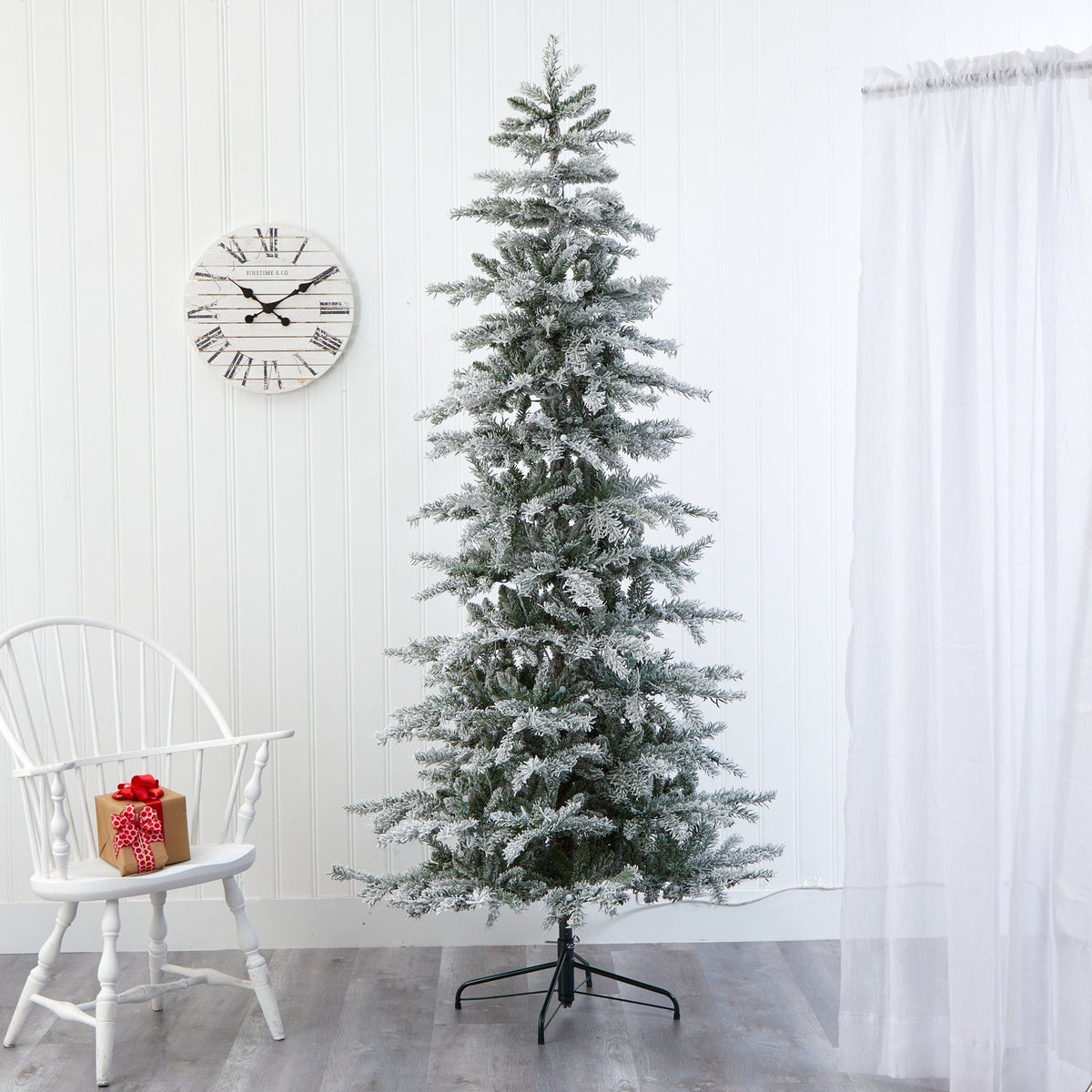 7.5' Slim Flocked Nova Scotia Spruce Artificial Christmas Tree with 450 Warm White LED Lights and 909 Bendable Branches