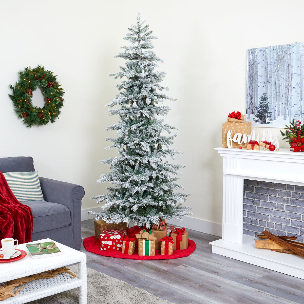 7.5' Slim Flocked Nova Scotia Spruce Artificial Christmas Tree with 450 Warm White LED Lights and 909 Bendable Branches