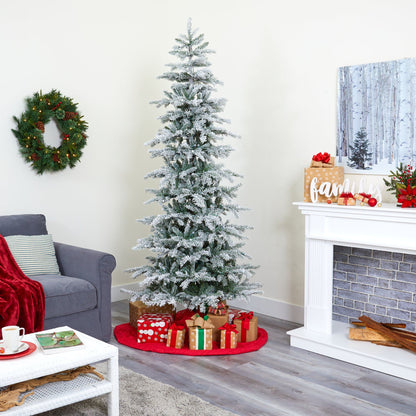 7.5' Slim Flocked Nova Scotia Spruce Artificial Christmas Tree with 450 Warm White LED Lights and 909 Bendable Branches